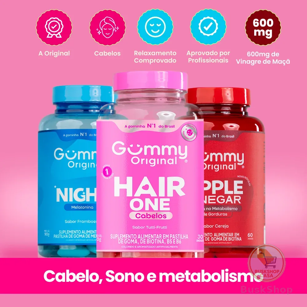 Kit Gummy Night Hair e Vinagre de Maçã 3 Frascos Melatonina Biotina Apple Cider Vinegar