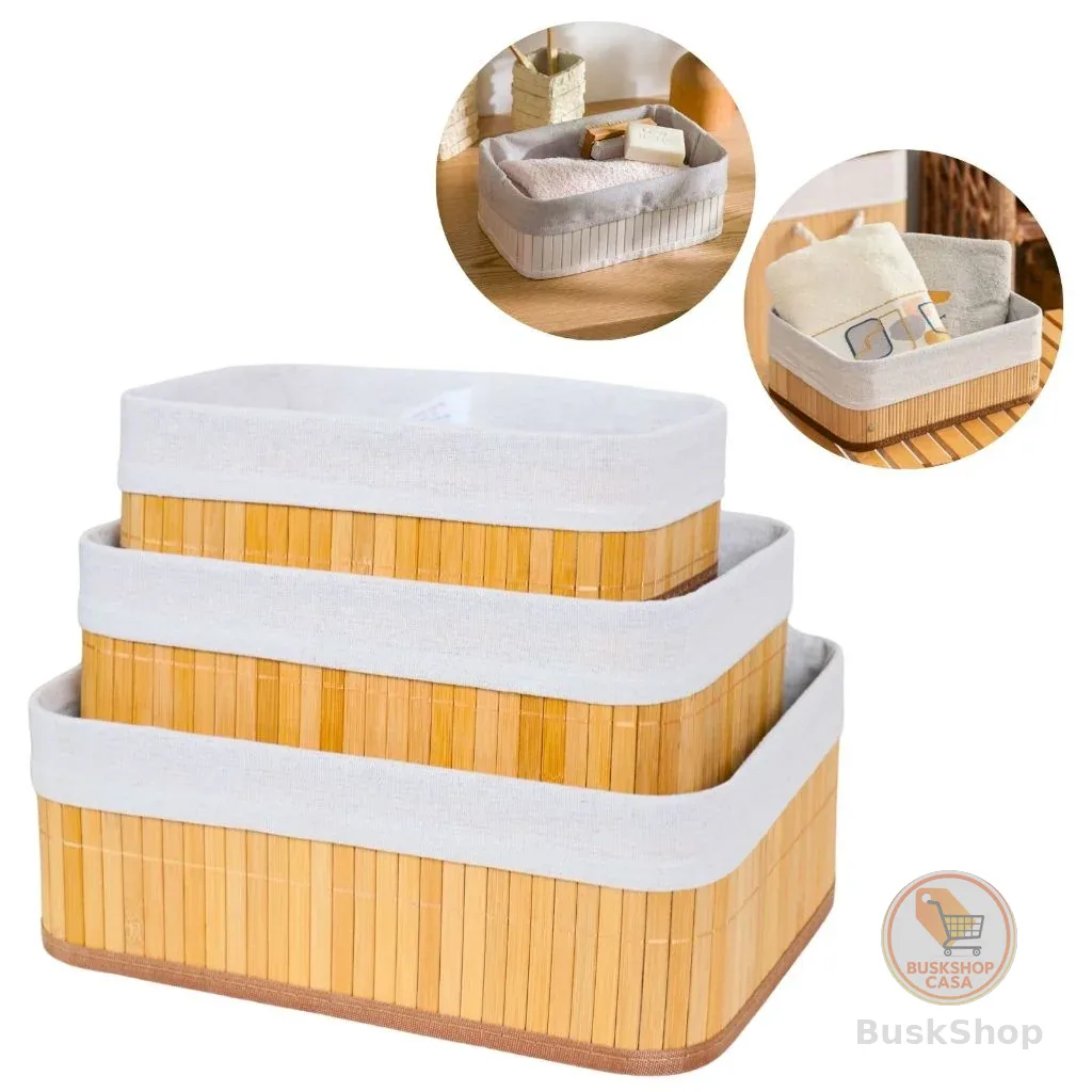 Kit 3 Cestos Organizadores de Bambu Multiuso com Forro