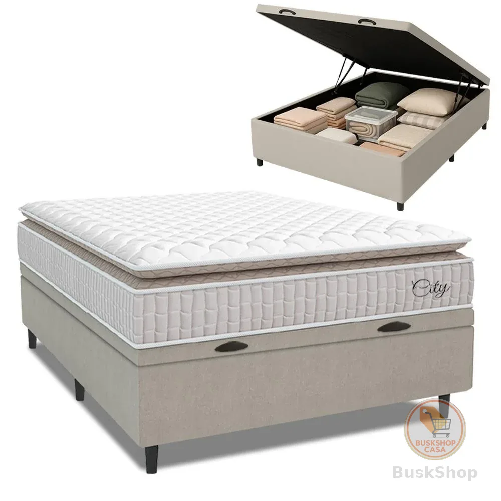 Cama Box Baú Colchão Casal Molas Ensacadas City Pillow Top 138x188x64cm Branco / Bege Hellen