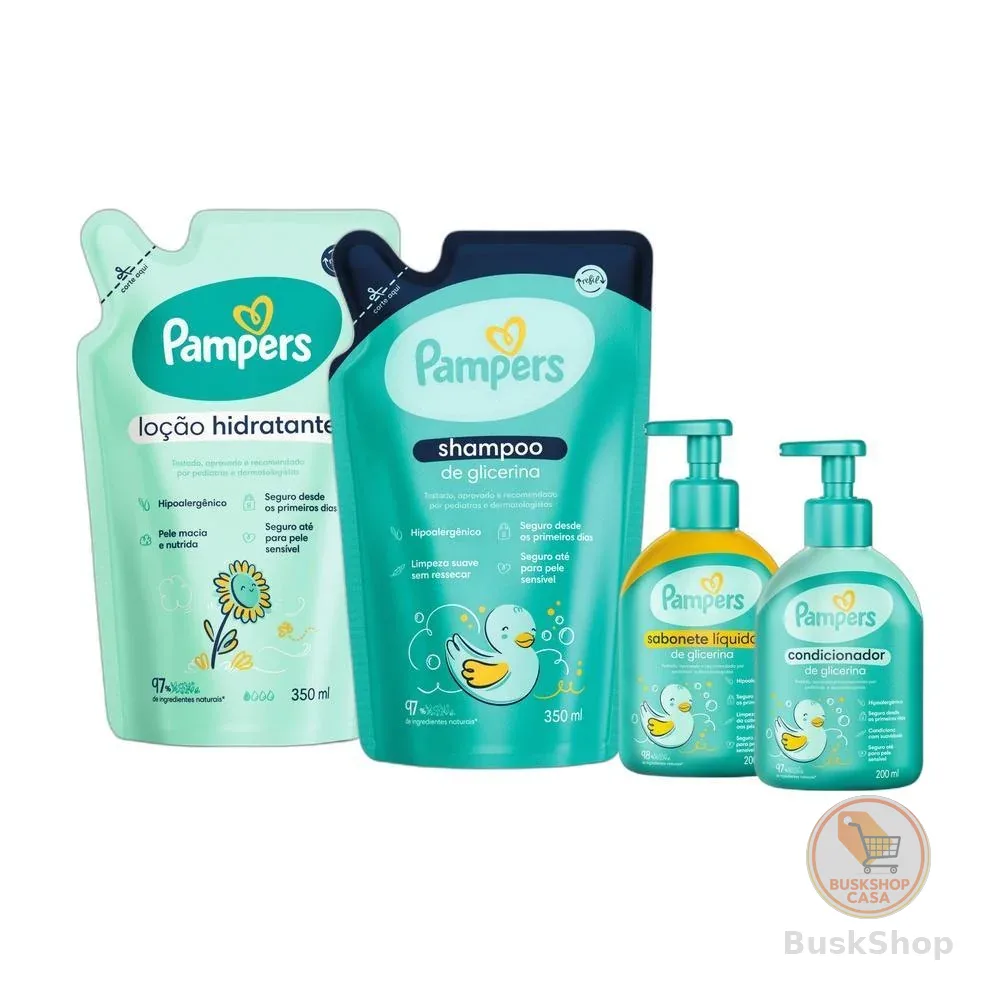 Kit Pampers Glicerina Shampoo 350ml + Condicionador 200ml + Loção Hidratante 350ml + Sabonete Líquido 200ml
