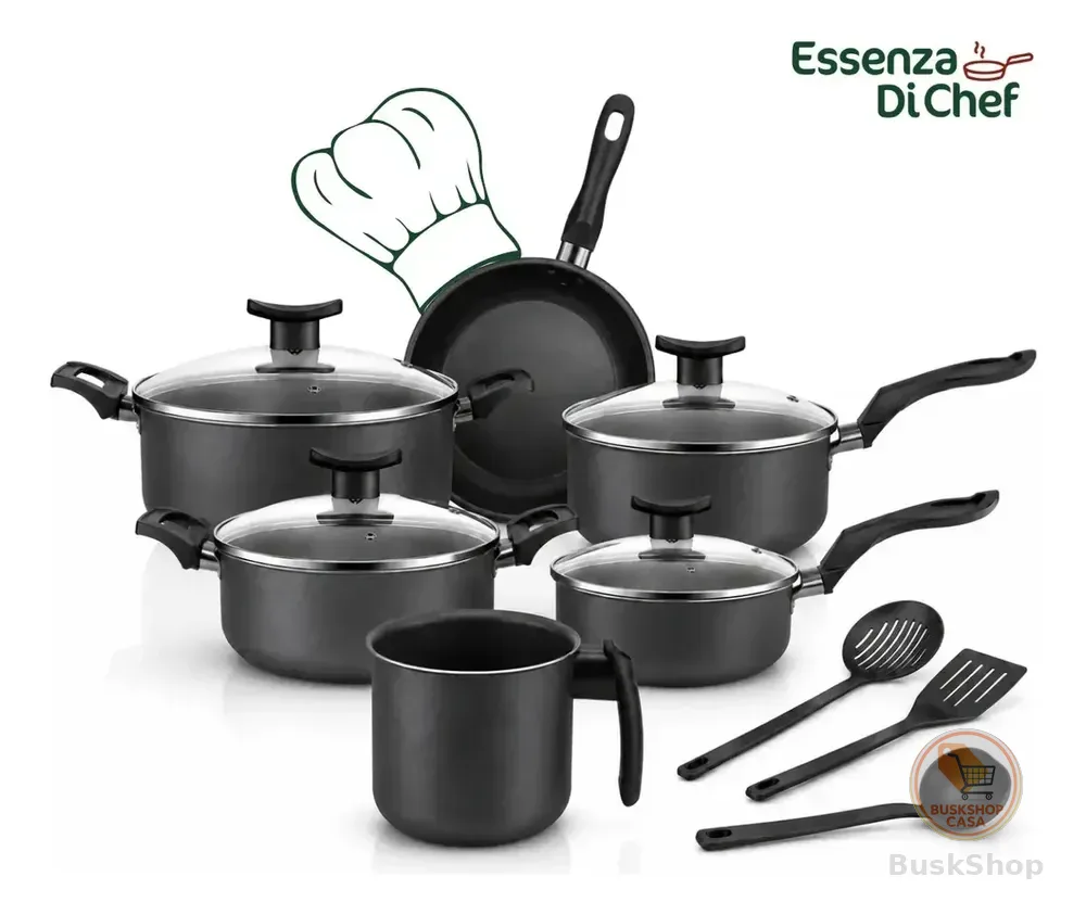 Conjunto De Panelas 9 Peças Antiaderente Com Tampa De Vidro E Utensílios Fogão A Gás Preto