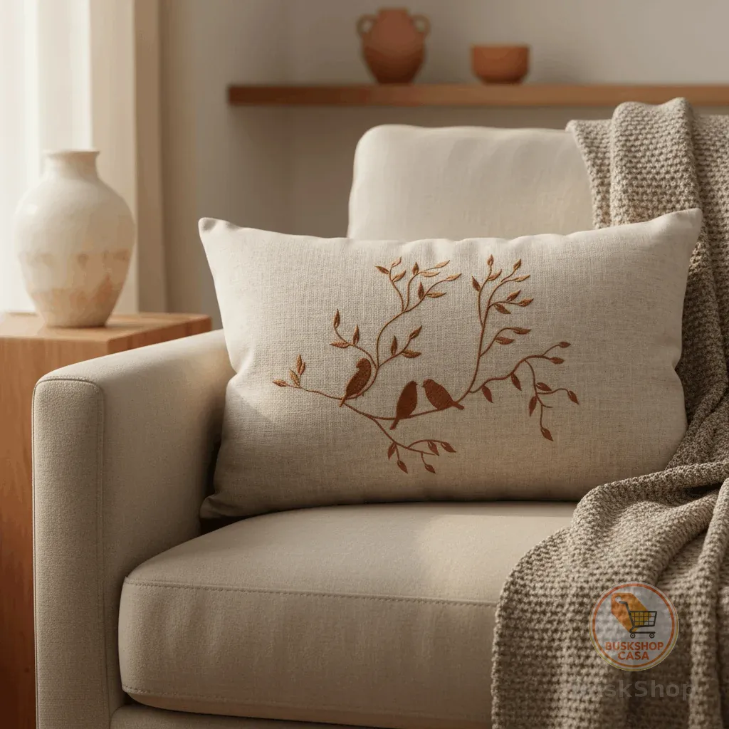 Almofada Baguete Bordada Pássaros 35x49cm Bordada Linho Com Enchimento Casa Decoração Cama Posta