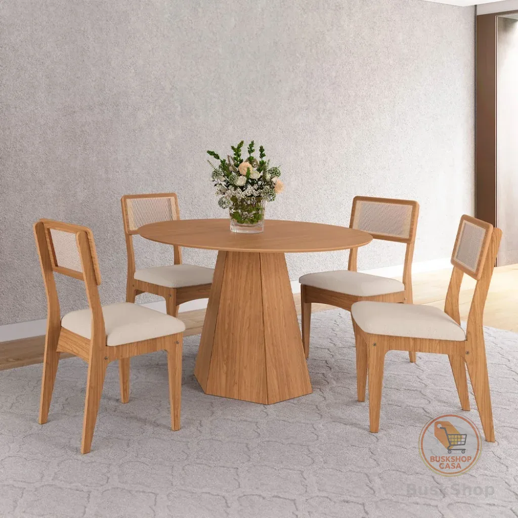Conjunto Sala de Jantar Mesa Lisboa Hexagonal com 4 Cadeiras Palha Sintética 100% MDF