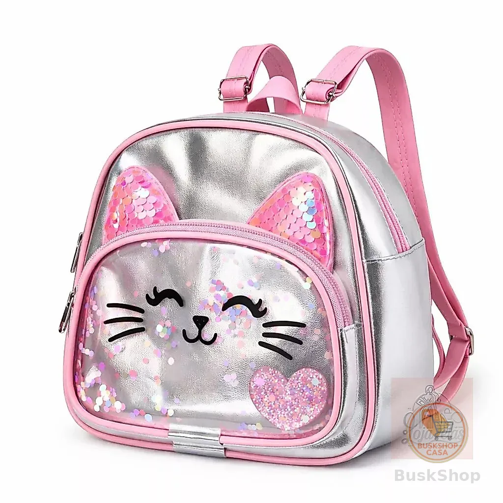 Mochila Infantil Gatinha Rosa Escolar Menina Passeio Creche Lancheira Alça Regulável Glitter Fofa