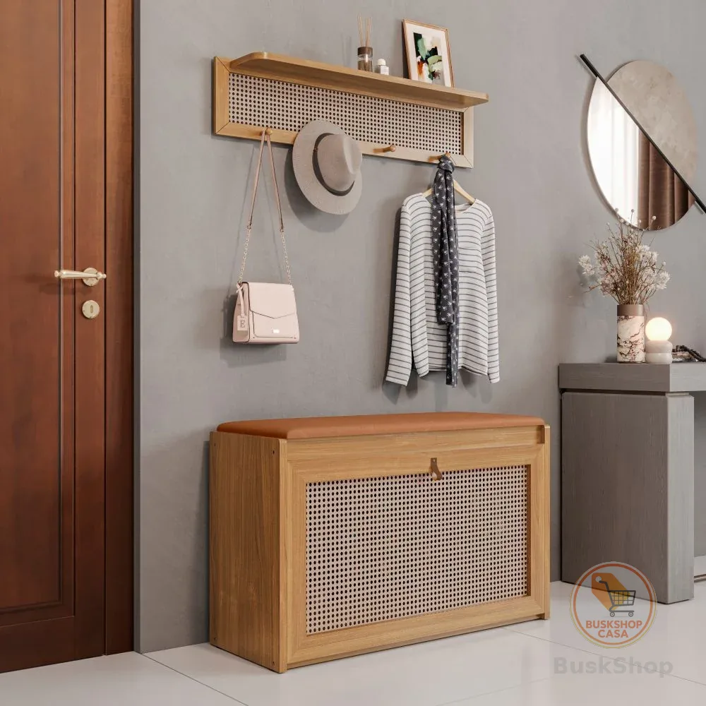 Kit Sapateira e Cabideiro Plenitude Plus Com Prateleira e Porta Basculante Com Detalhe em Rattan