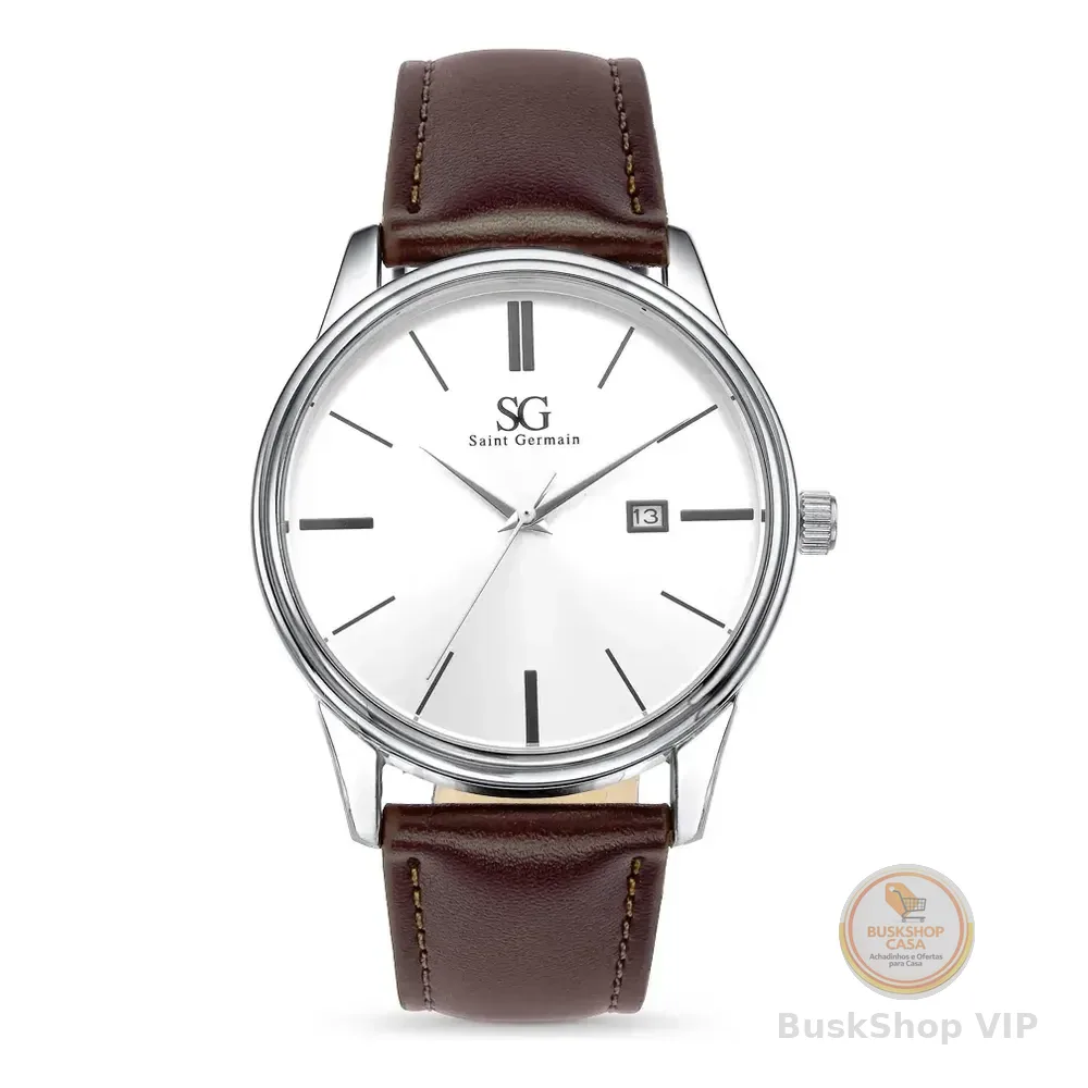 Relógio Masculino Preto Saint Germain Correia De Couro Marrom Caixa Prateada Fundo Prata 42mm Elegante Clássico Prateado