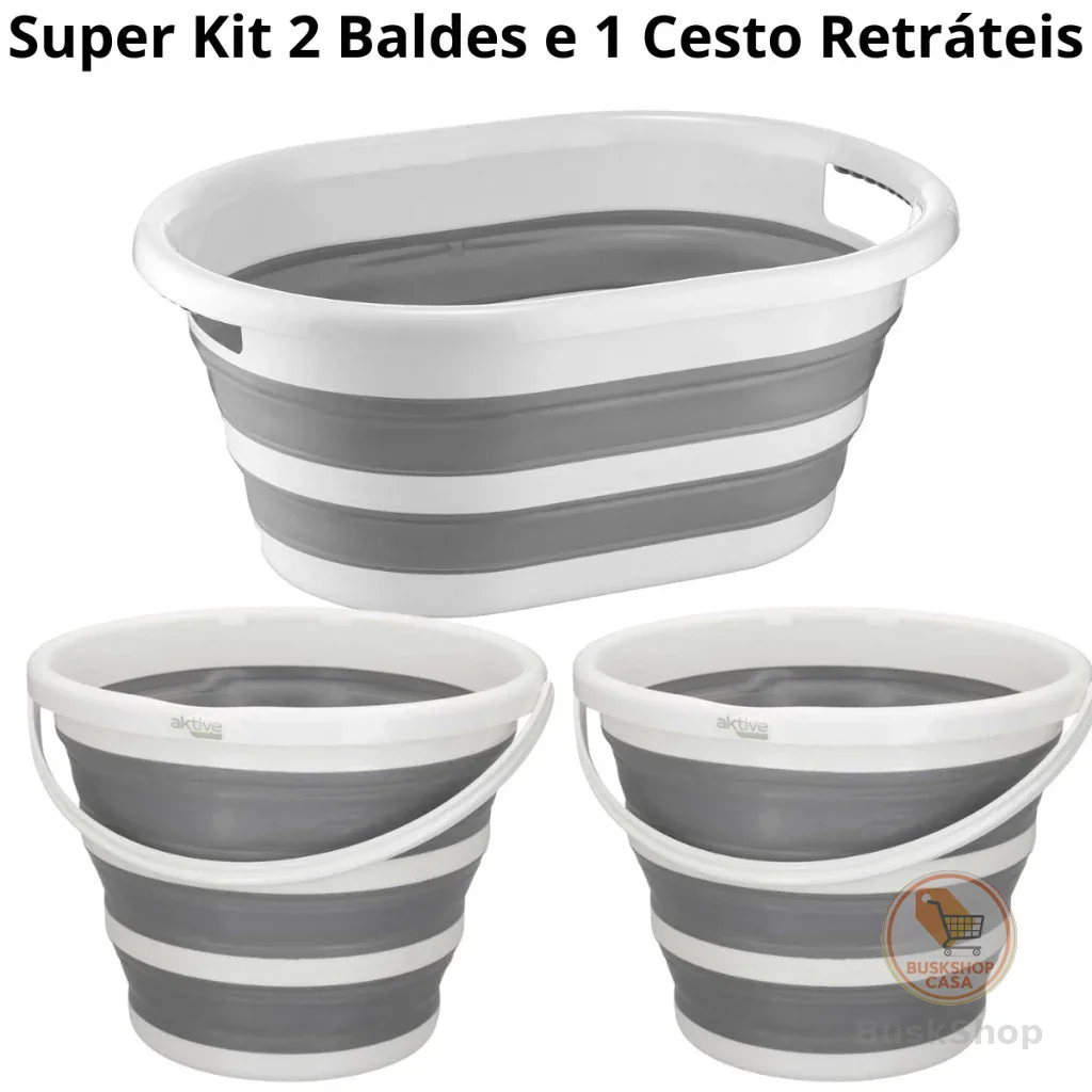 Kit Com 1 Cesto De 26 Litros Retrátil de Silicone E 2 Baldes De 10 Litros Retrátil Dobrável Silicone Powermaid