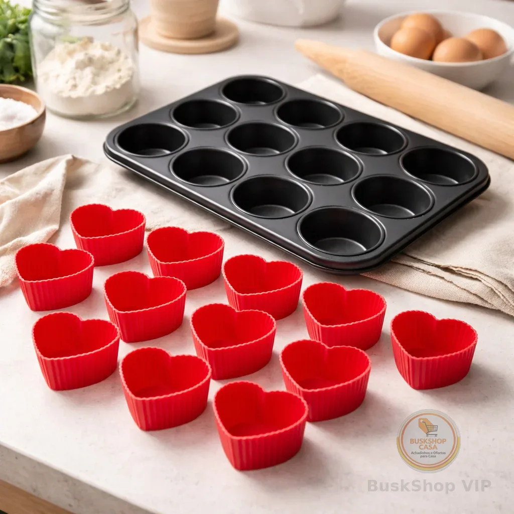 Forma Cupcake Antiaderente + 12 Forminhas Silicone Kit Assadeira Teflon Grande Pão de Queijo Muffin Petit Gateou