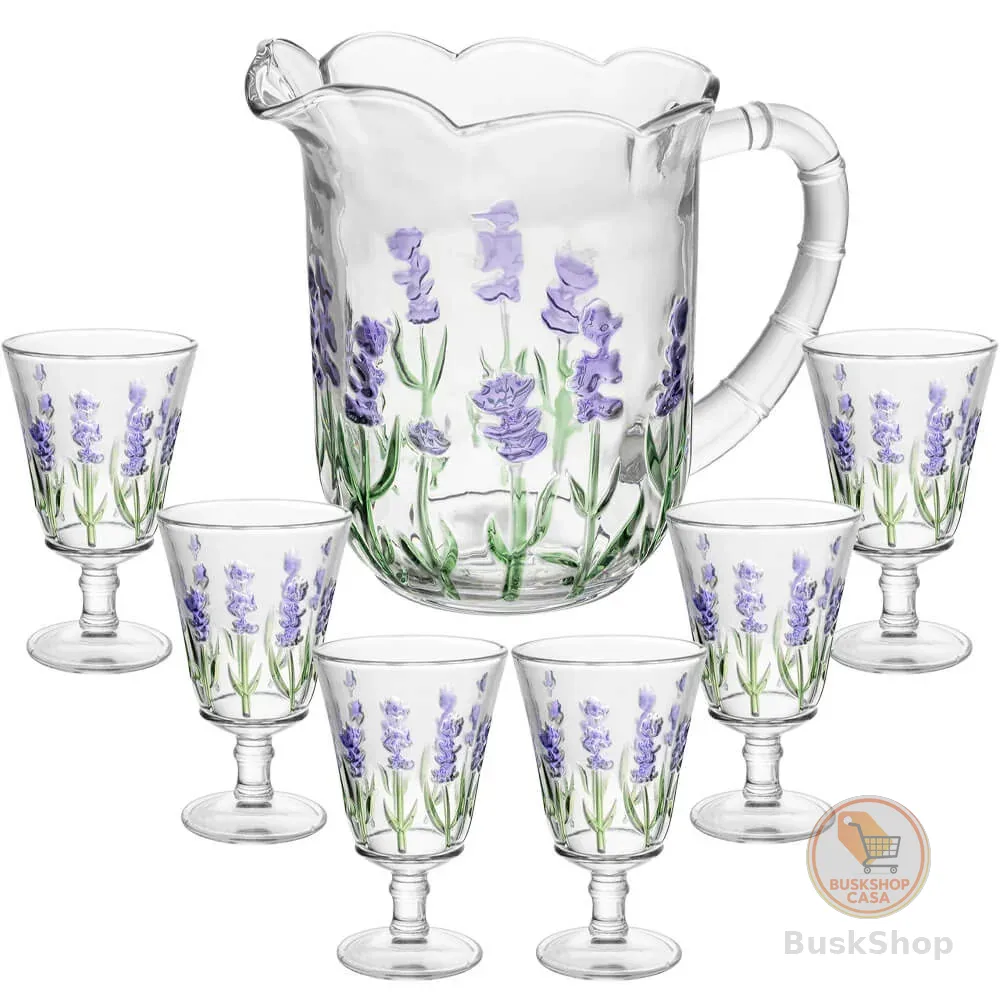 Jogo de Taças e Jarra de Cristal Lavanda Hand Painting 7 peças - Lyor