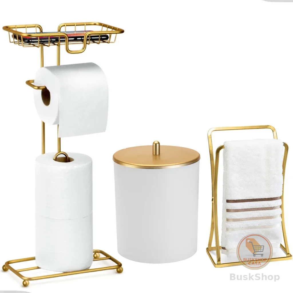 Kit Acessorios Lavabo Banheiro Toalha Rosto Porta Papeleira E Celular Luxo Dourado Arthi
