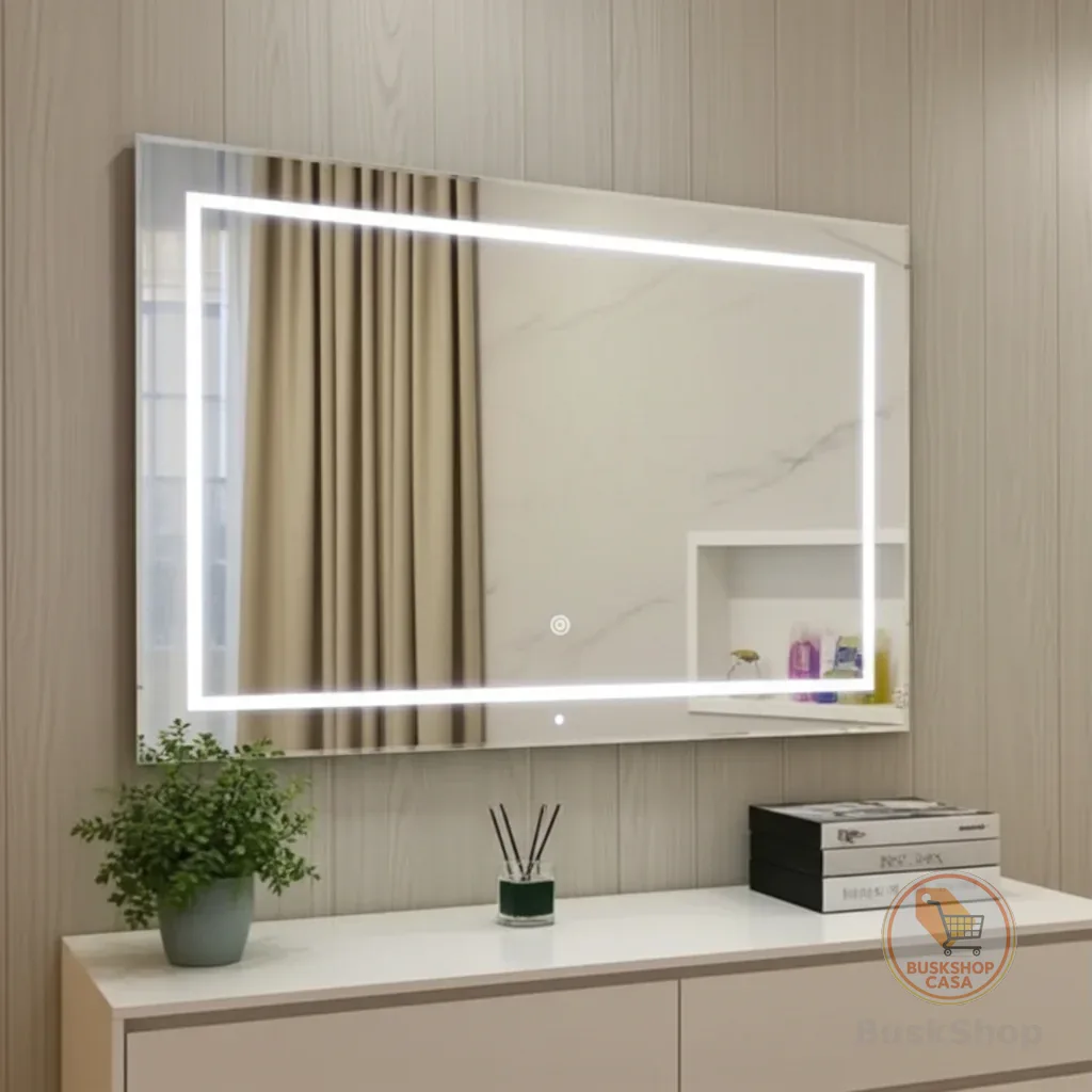 Espelho LED Jateado 120x70 cm Retangular Botão Touch para Banheiro Quarto Sala Lavabo Penteadeira