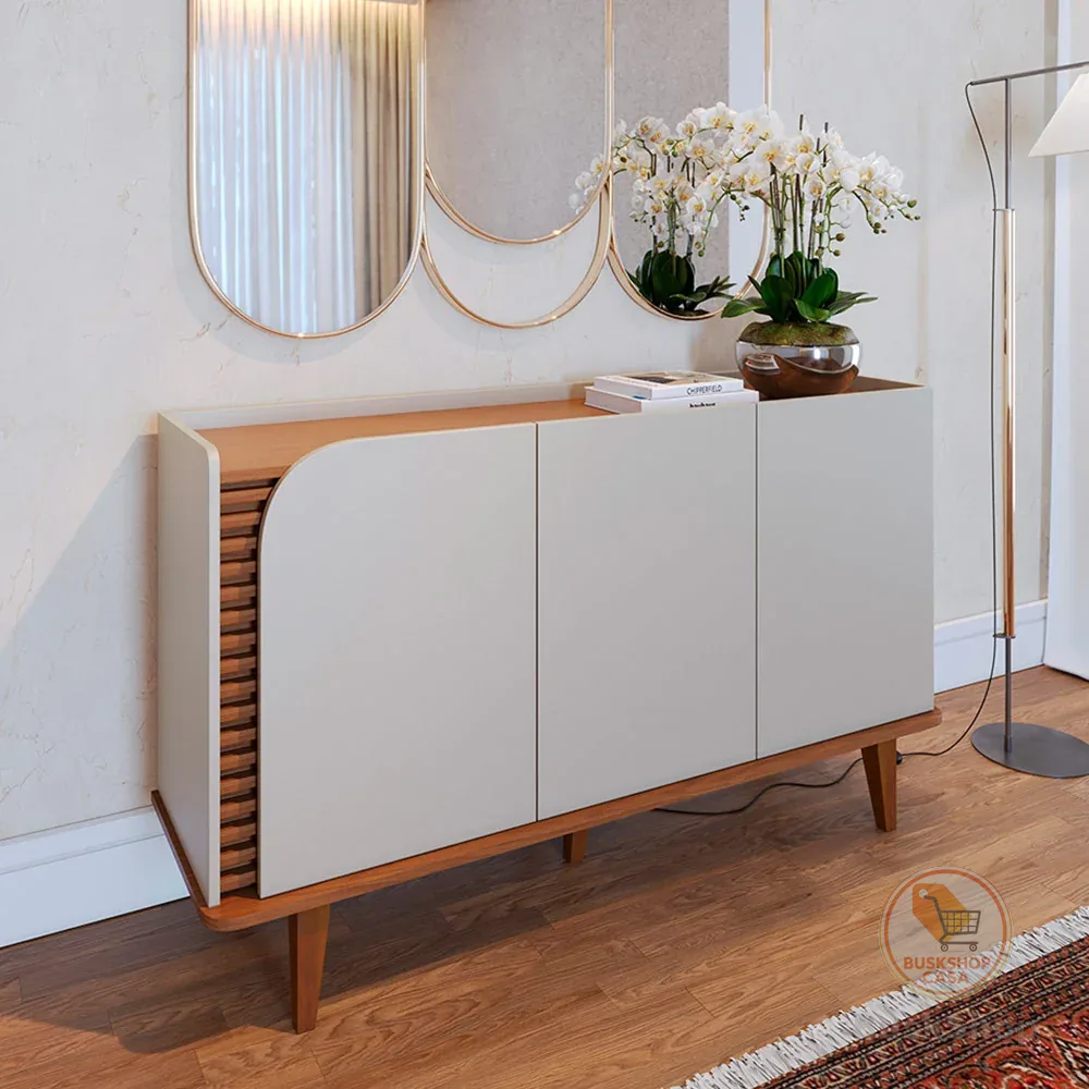 Aparador Buffet Para Sala de Jantar 3 Portas Elora C04 Off White Matte Freijó - Lyam Decor