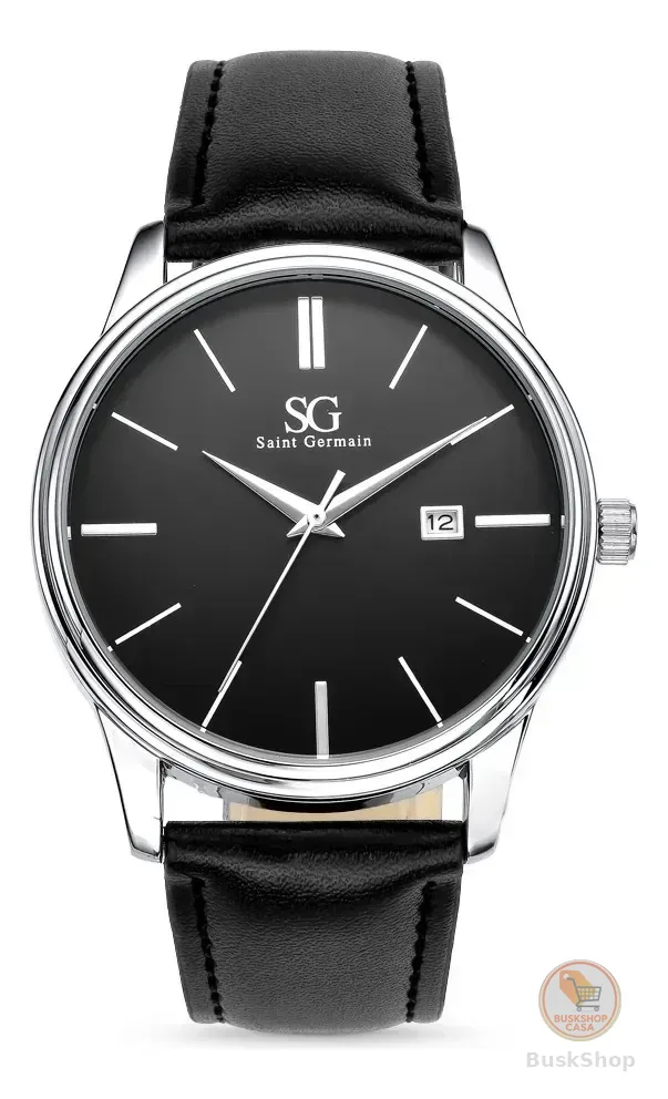 Relógio Masculino Chrowl Saint Germain Pulseira Couro Caixa Prateada Fundo Preto 42mm Clássico