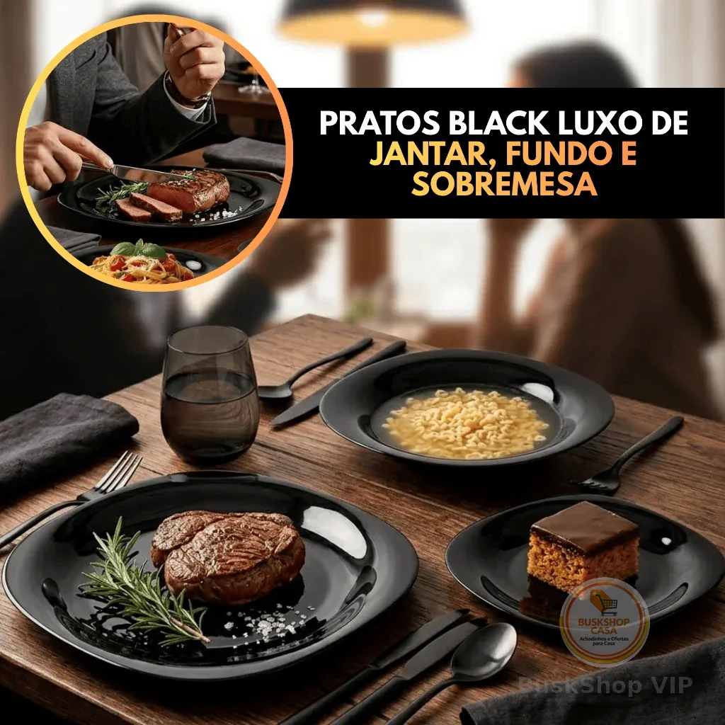 Jogo 6 Pratos Raso Fundo Sobremesa de Jantar Almoço Luminarc Carine Black e Verde Ciano Mesa Posta