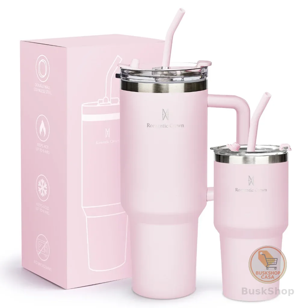 ROMANTIC CROWN Kit 2 Copo Térmico Inox Portátil 1200ml/600ml Garrafa Térmica Inoxidável com Tampa e Canudo
