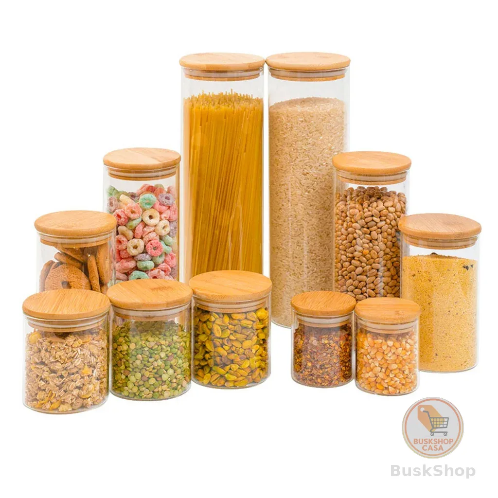 Kit 11 potes de vidro com tampa de bambu herméticos redondos - Tüd