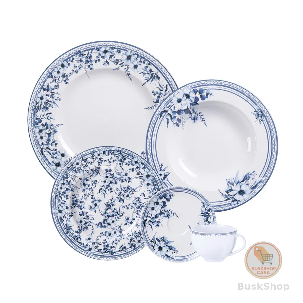 Aparelho Jantar Azzura 30 Peças Porcelana Alta Qualidade Estampa Flores Azuis 6 Pessoas Tramontina