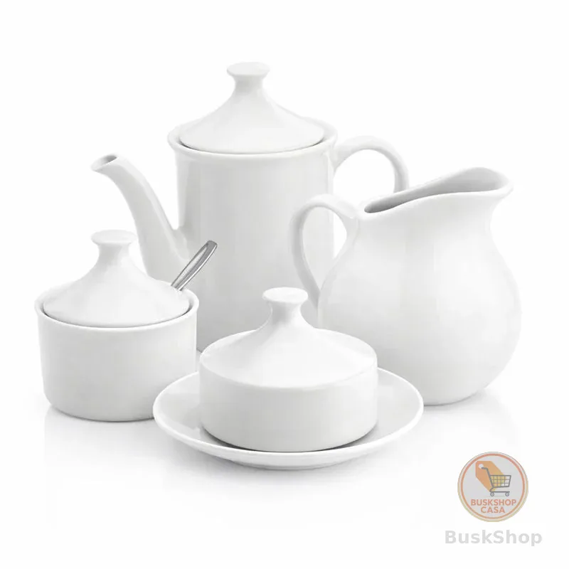 Kit Porcelana Cafe Chá Branca 4 Peças Bule, Leiteira, Açucareiro e Manteigueira Cozinha Mesa Posta
