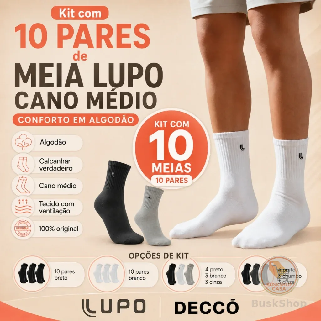 Kit De 10 Pares De Meias Lupo Cano Médio Unissex Em Algodão Tamanho 37 ao 44