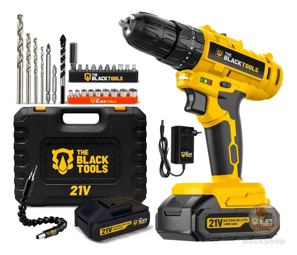 Parafusadeira Furadeira De Impacto A Bateria 21V 3/8” Bivolt 1400 Rpm Com Acessórios E Maleta TB-21PZW The Black Tools