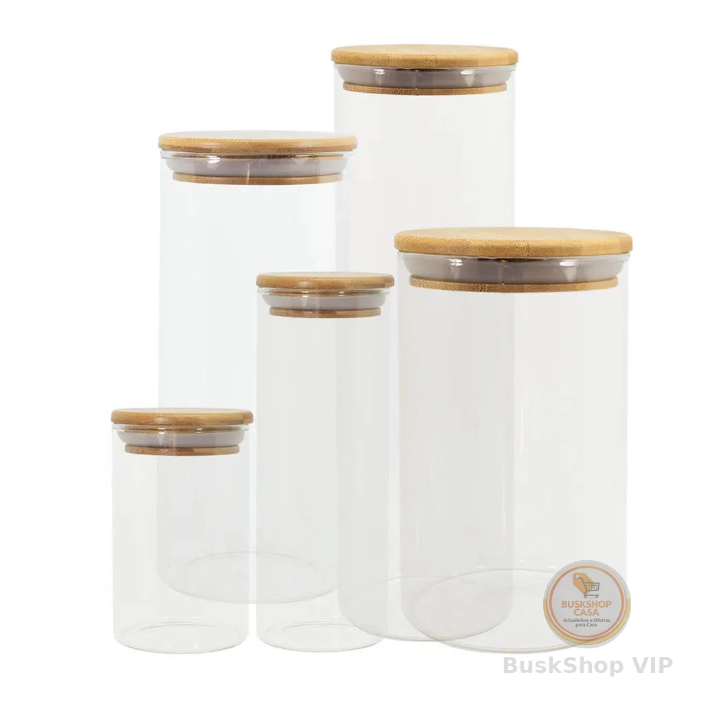 Potes de Vidro P/ Mantimentos C/ Tampa Bambu Oikos - 5 Pçs