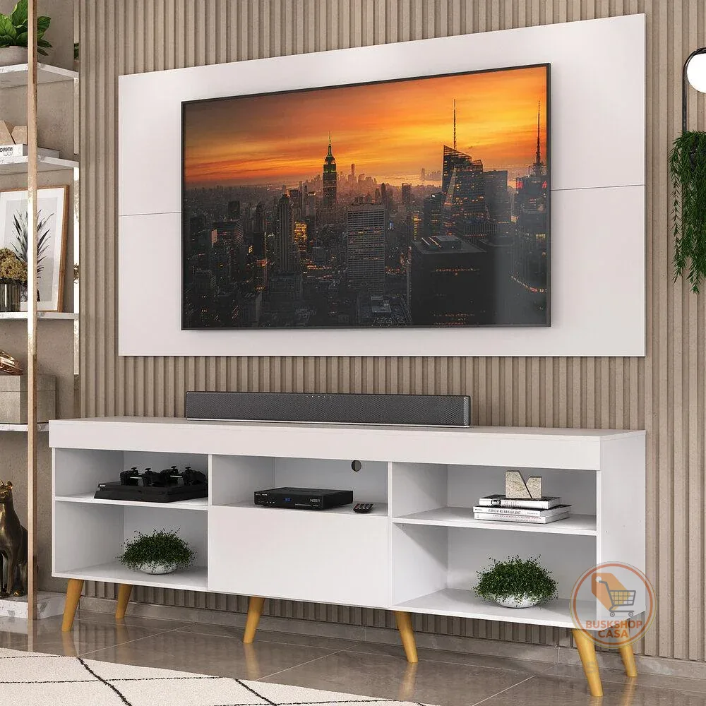 Rack com Painel TV 50" 55" 60" 65" Retrô Flórida Up Multimóveis MP1042 Branco/Natural