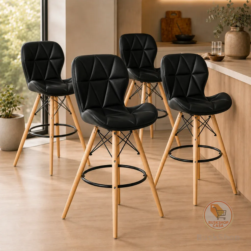 Kit 4 Banquetas Slim Eiffel Wood Estofada Pé de Madeira para Cozinha com Encosto 68cm