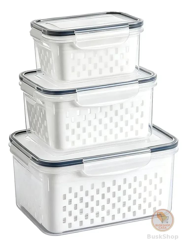 Kit 3 Organizadores Geladeira Alimentos Vegetais Com Tampas Branco