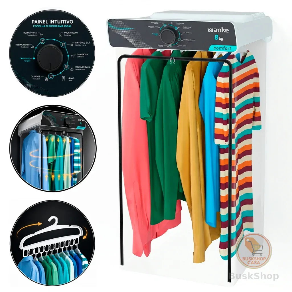 Secadora de Roupas Wanke Comfort 8kg com 6 Cabides Multifuncionais e Timer