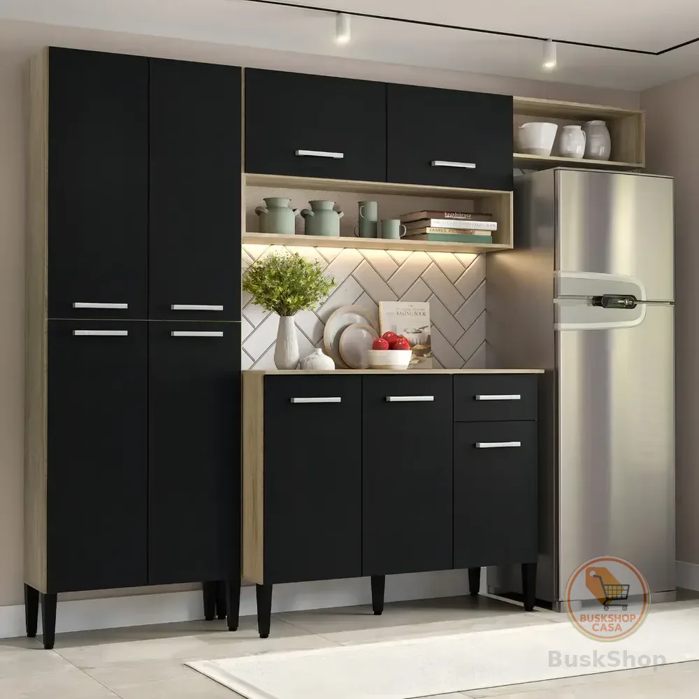 Cozinha Compacta Arizona Glam Com Armário E Balcão Carraro Cor Carvalho/Preto