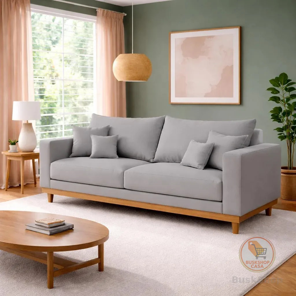 Sofá 3 Lugares Living Com Base Madeira Linho Balaqui Decor