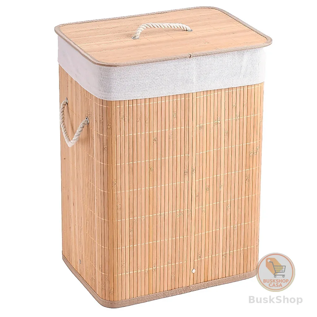 Cesto De Roupa Suja Bambu Dobrável Retangular 60L Grande Organizador Forrado Tampa Alças Banheiro Lavanderia Multiuso