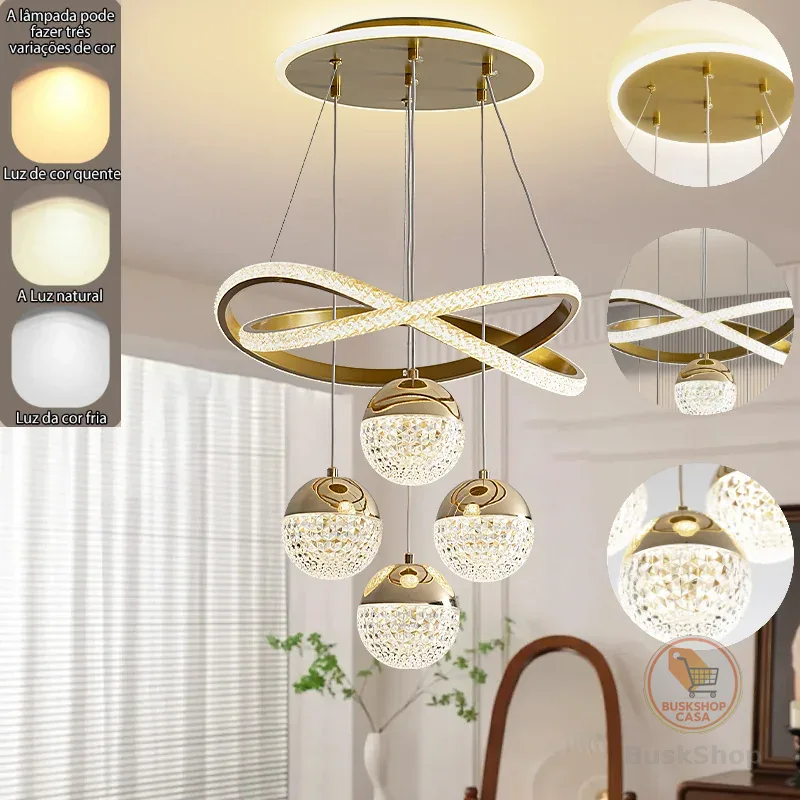 Lustre De Teto Com Destaque LED De 3 Cores De Luxo Escandinavo (Luz Quente Branca Neutra) 110/220V