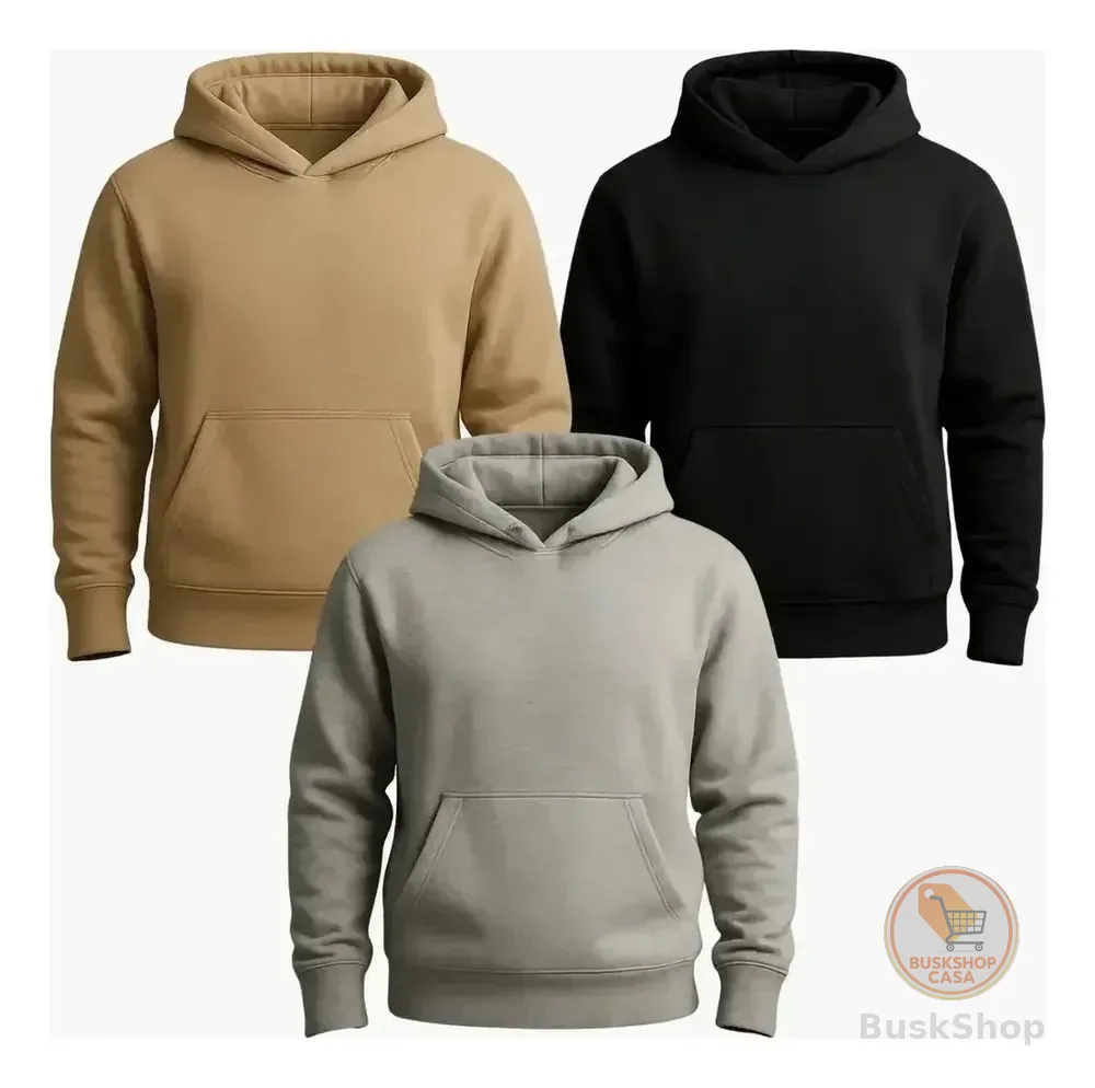 Kit 3 Moletom Canguru Liso Flanelado Blusa De Frio Unissex G Kit Bege / Preto / Cinza