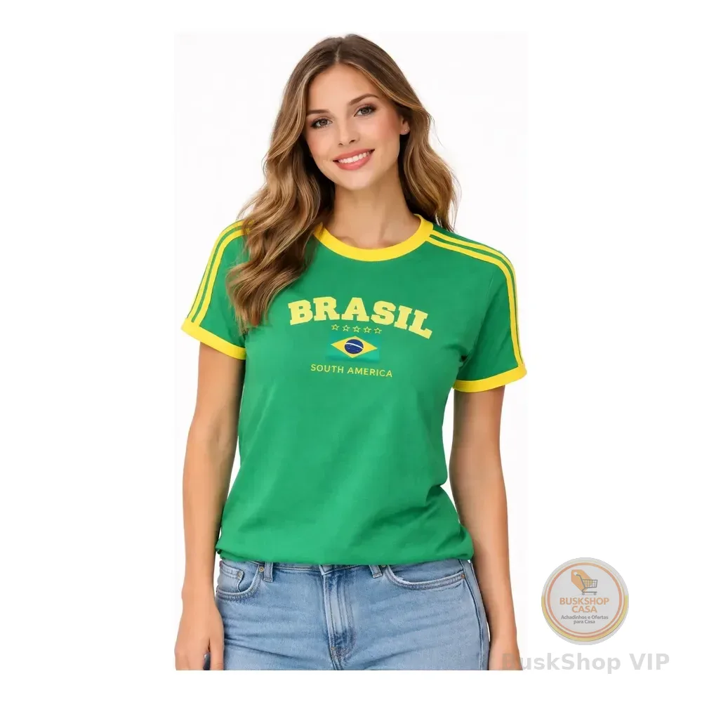 Camiseta Brasil Copa Retrô Baby Look Blusa Feminina T-shirt Verde M