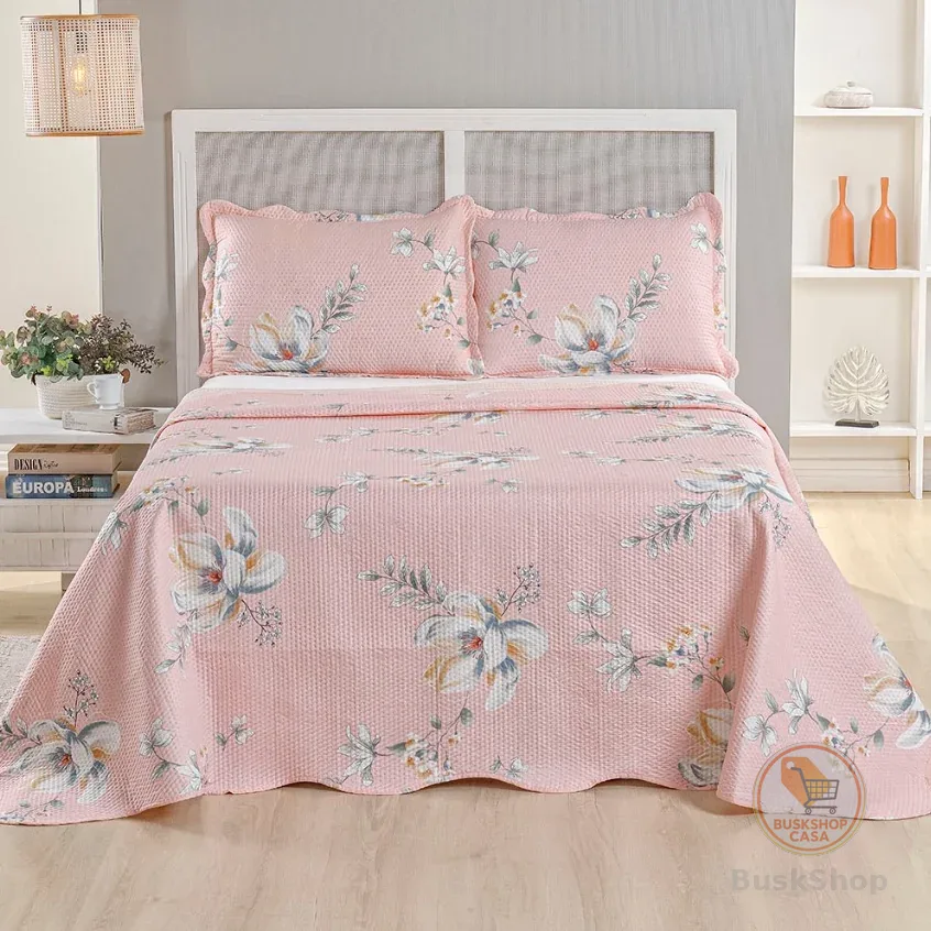 Kit Cobre Leito Colcha Queen Bouti 3 Peças Dupla Face Estampada Porta Travesseiro Aba Americana