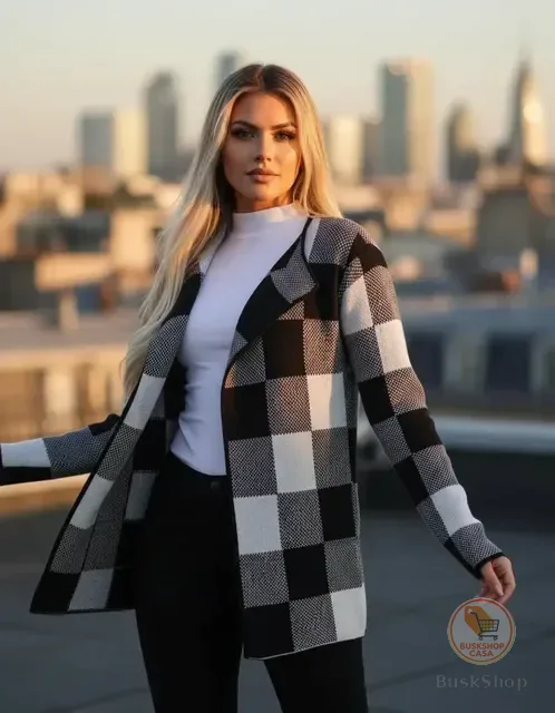 Casaco Xadrez Tricô Cardigan Inverno Manga Longa Feminino