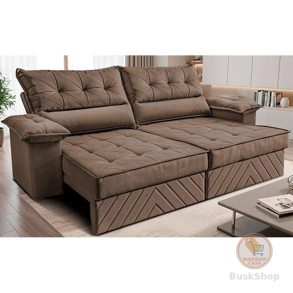 Sofá Retrátil e Reclinável 2,10m com Molas e Espuma D33 Thunder. Velusoft Cama inBox