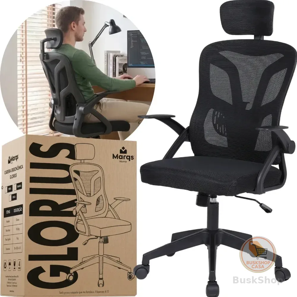 Cadeira De Escritorio Ergonomica Nr17 Glorious Marqs Home Giratoria Resistente Reforçada 180kg Confortavel Reuniao Mesh Preta