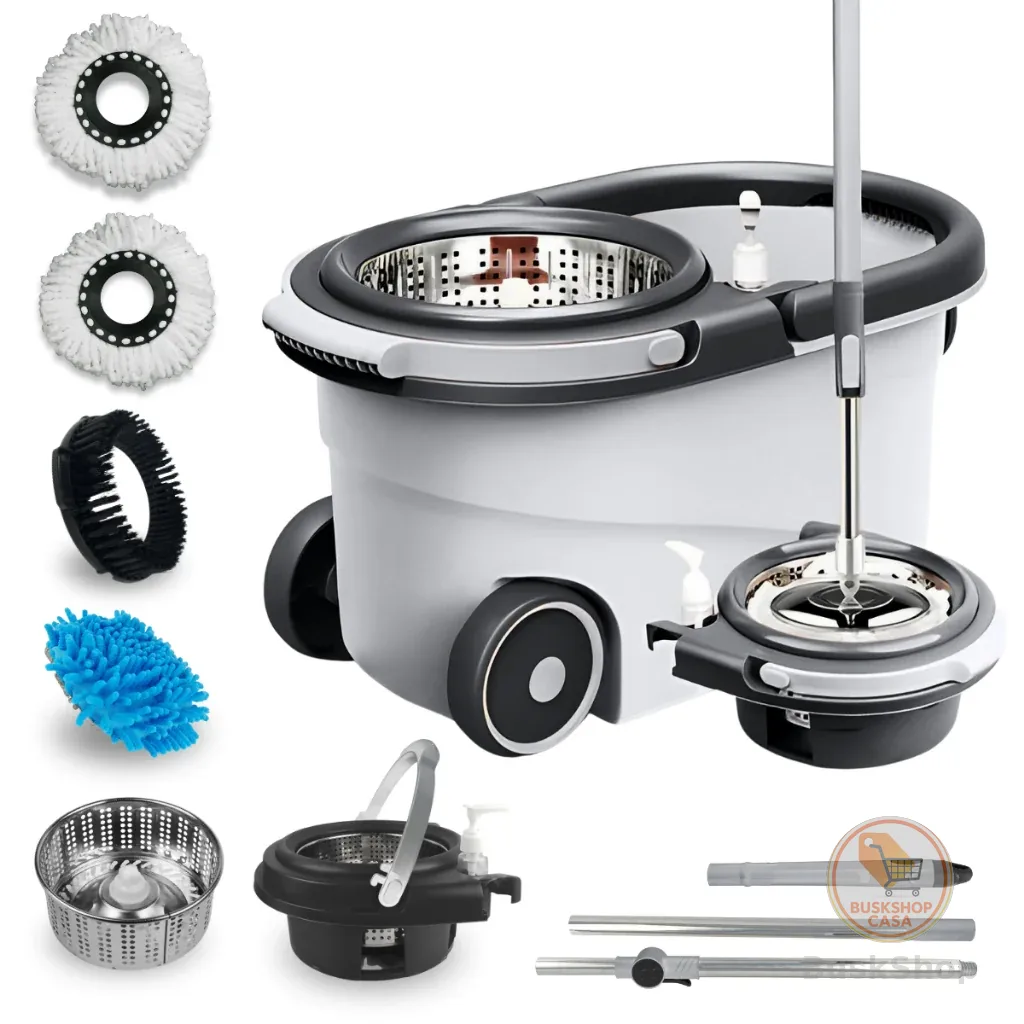 Mop Giratório 360 Cabo 150cm Inox Com Rodas Balde Centrífuga Esfregão Spin Limpeza Porcelanato