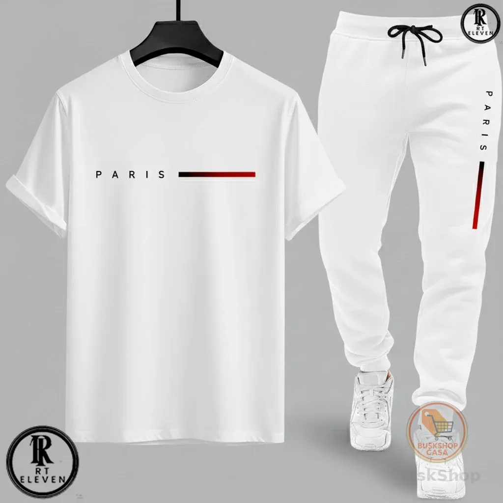 Kit Conjunto Camiseta e Calça moletom Moda masculina camiseta casual Paris Malha Algodão + calça Moletom Com bolso aRT