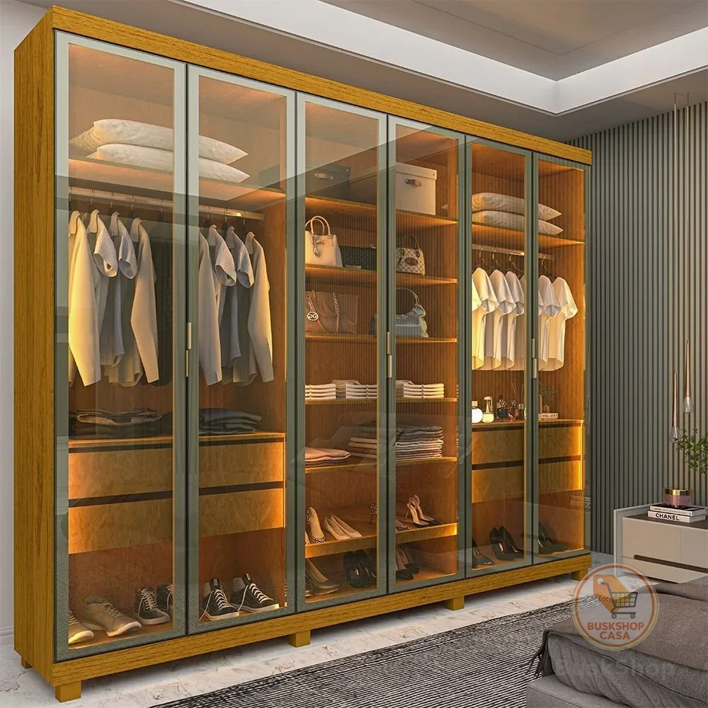 Guarda-Roupa Casal 6 Portas com 6 Portas Reflecta com Pés com LED Imperatriz 100% MDF Yescasa Marrom/Marrome Naturale