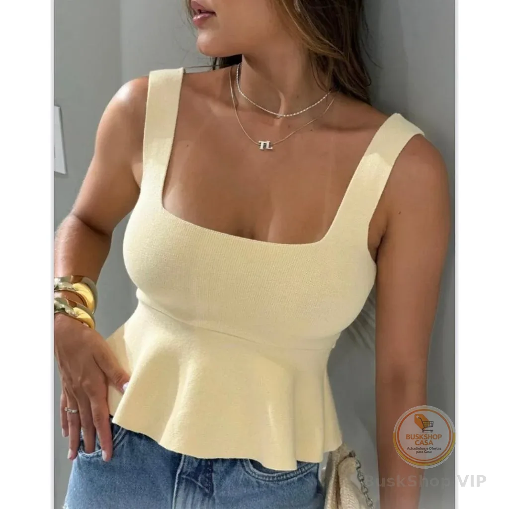 Blusa Bata Regata Feminina Com Babado Peplum Tricot Modal Verão 2025 Realize Trico Rodadinha