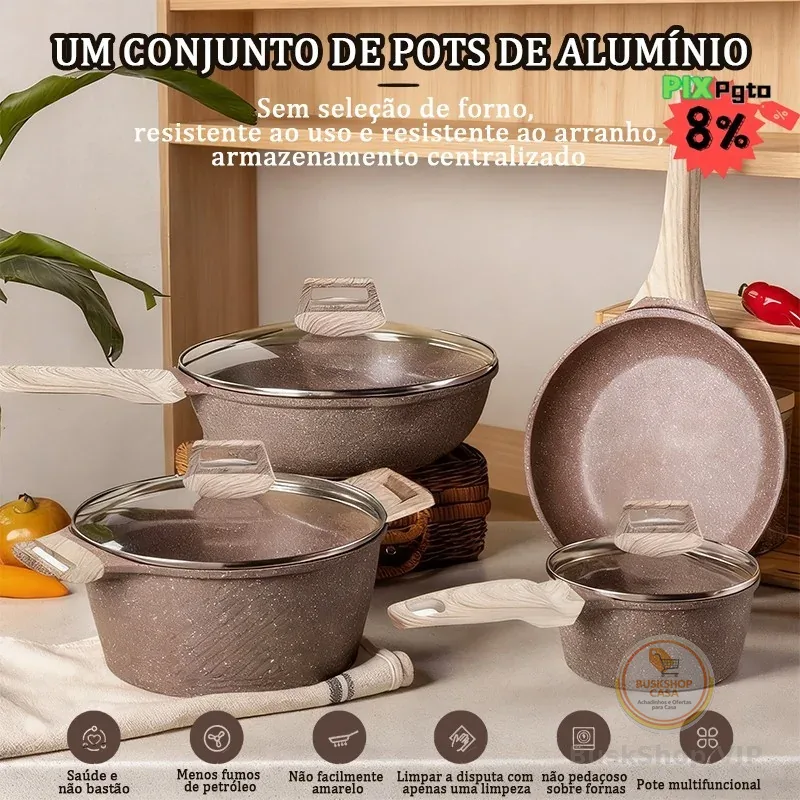 Conjunto de Panelas 4 Peças Antiaderentes–Tampa de Vidro Cerâmico Antiaderente