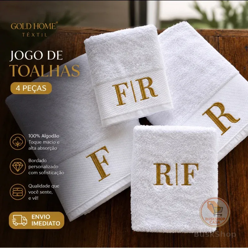 Kit Jogo de Toalha 4 peças Bordadas 1 Rosto, 2 Banho e 1 Piso Gramatura 540