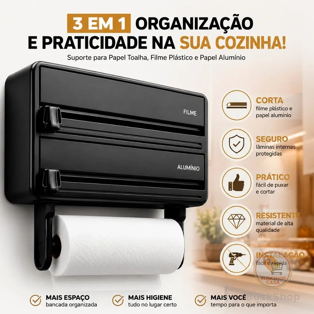 Suporte Papel Toalha Porta Filme Plástico Papel Alumínio Organizador Cozinha Parede 3 Em 1