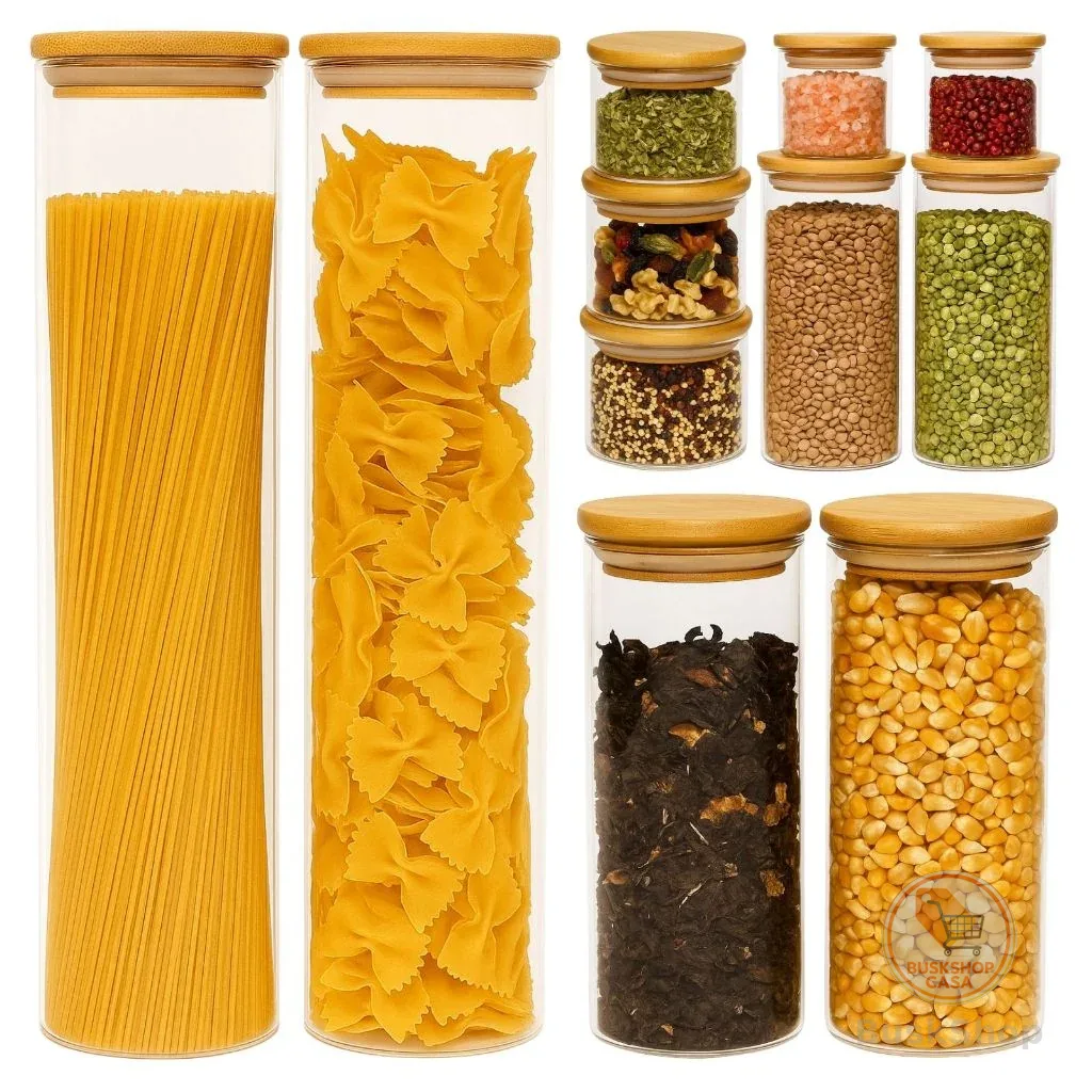Kit 11 Potes Herméticos de Vidro com Tampa de Bambu para Cozinha Mantimentos Alimentos