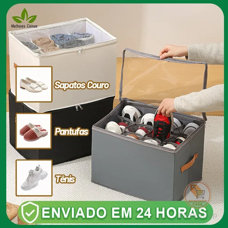 Caixa Organizadora  de Sapato 43x32x30cm Com tampa e divisória transparentes, dobrável