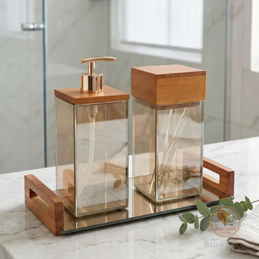 Kit Banheiro Lavabo Premium Saboneteira 500ML Porta Escova Com Tampa Bandeja Vidro Madeira Luxo