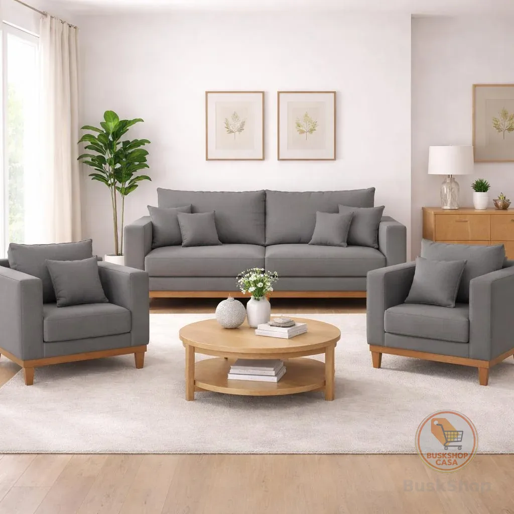 Kit 2 Poltronas Living + Sofá 2 Lugares com Base Madeira Linho
